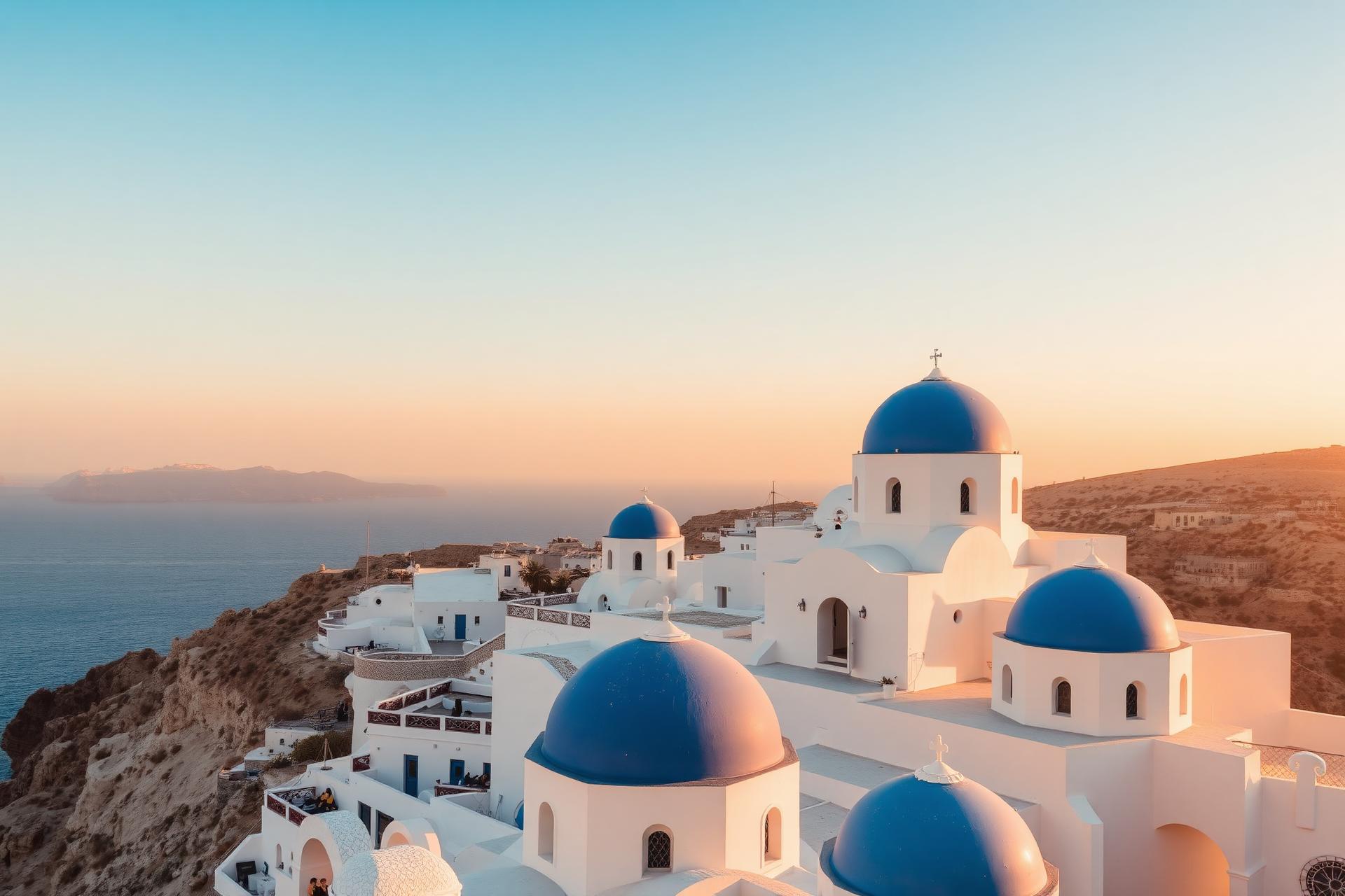 Whitewashed Santorini village with blue domes overlooking the Aegean sea at sunset